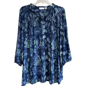 Belle by Kim Gravel Womens 3X Blue Green Paisley Tie Neck Tunic 3/4 Sleeve Top